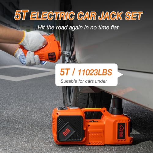 Electric Car Jack Kit, 5 Ton Hydraulic Floor Jack with Impact Wrench & Tire Inflator, Portable Car Jack for SUV & Sedan Tire Change, LED Light, Lifting Height 6–17.7 in (Jack+Wrench) - style: jack+wrench