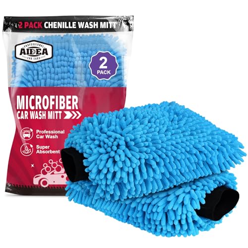 AIDEA Car Wash Mitt Microfiber, 2PK, Car Wash Brush, Blue, 8''X12'' | Scratch Free Lint Free Premium Chenille Microfiber Mitt, Cleaning Supplies, Extra Large Size - color: Blue, size: 2PK-8''X12''
