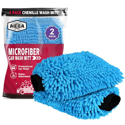 AIDEA Car Wash Mitt Microfiber, 2PK, Car Wash Brush, Blue, 8''X12'' | Scratch Free Lint Free Premium Chenille Microfiber Mitt, Cleaning Supplies, Extra Large Size - color: Blue, size: 2PK-8''X12''