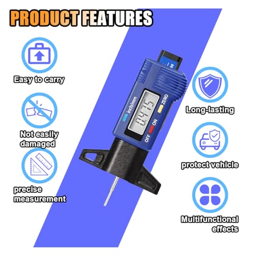 LCD Display Tire Tread Depth Gauge, Car Tire Digital Measuring Gauge Tool with Inch MM Conversion, Tire Wear Gauge Tread Checker for Motorcycle, Truck, Car, SUV, Not Include Battery