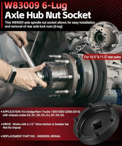 W83009 Heavy Duty 6 Lug Axle Nut Socket for Dodge Ram Trucks 1500-5500 Chasis D2, DC, DD, DH, DJ, DP, DR, DS, SR (2006-2014), Rear Axle Wheel Hub Nut Socket Wrench, Replace# 8954A, 8954, 5045