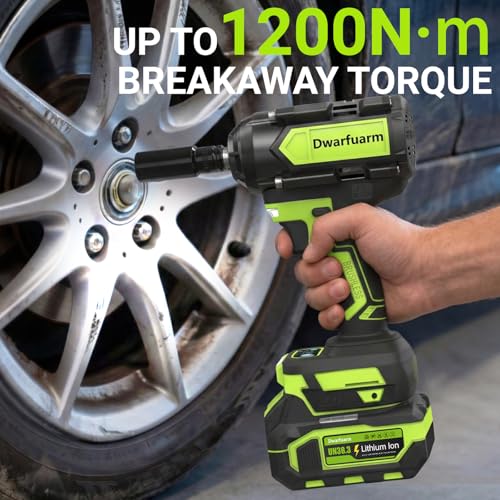 Cordless Impact Wrench 1/2 Inch, 1200N.m High Torque Brushless Impact Gun, 21V Power Impact Driver with 2×4.0Ah Batteries, 3-Speed modes & LED Light, 5 Sockets for Car/Mower (Black&Green)
