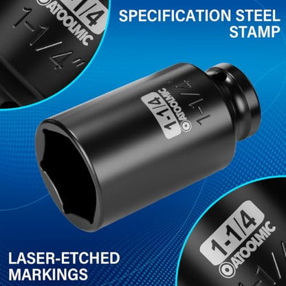 1/2" Drive x 1-1/4 Inch Deep 6PT CR-MO Impact Socket for Removing Axle nut | SAE Socket,6-Point Radius Corner Design,Two Size Markings,Square Chamfered Opening,For Removal of Axle Nut - size: 1-1/4 Inch, style: 1/2" Drive Deep Socket