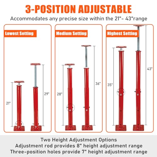 B4B BANG 4 BUCK 4 Pack House Jacks for Leveling Crawlspace, 21" - 43" Height Range, 11023 lbs Max Load Capacity, Floor Jacks Post Pole for Leveling - size: 21" - 43" (4 Pack)