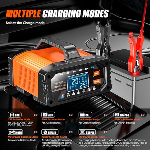 2026 Upgraded 0.5/2/5/10/15/20Amp Adjustable Current Battery Charger, 12V/24V Smart Car Battery Trickle Charger Maintainer w/Auto Shutoff, Desulfator, for LiFePO4 AGM, STD, Gel, Deep Cycle Batteries
