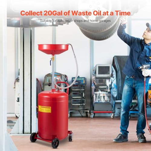 VEVOR 20-Gallon Waste Oil Drain Tank, Air Operated Portable Oil Drainer with Adjustable Funnel Height, Fluid Fuel Transfer Drainage with Wheels, Oil Change Container for Auto Repair Shops, Garages | Air Operated, Portable Oil Drainer, Adjustable Funnel He