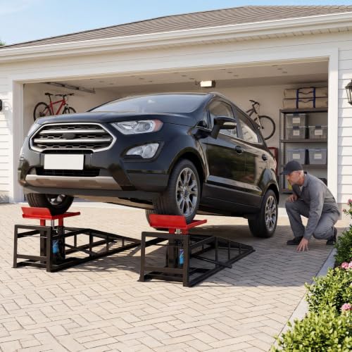 2 Pack Hydraulic Car Ramps 5 Ton Capacity, Heavy Duty Steel Vehicle Ramps with 9.8"-15" Adjustable Height for Oil Changes & Maintenance, Low Profile Wide Deck for Cars SUVs Trucks - color: Red, 2 Pack