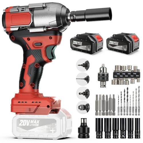 MGYM Cordless Impact Wrench 500Nm, 1/2inch Impact Wrench Gun Driver(Red) | High Torque Electric Tool Set with 2x4.0 Batteries, 6 Sockets, 8 Drill Bits, 6 Driver Bits, Drill Adapter for Home Car, DIY