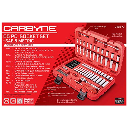 CARBYNE 65-Piece 1/4 in. Drive Socket and Ratchet Set, SAE and Metric, 6 Point, CrV Steel, 90-Tooth Ratchet, Deep and Standard Sockets, Storage Case
