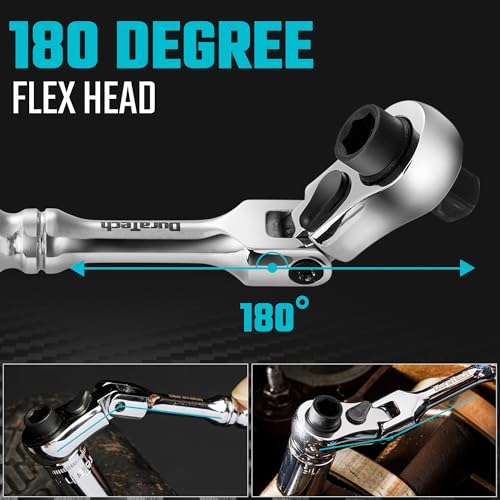 DURATECH 1/4" Drive Ratchet Handle, 2 in 1 Flex Head, Socket & Bit Driver | 72-Tooth, Reversible Switch, Full-Polished, Chrome Plating, Alloy Steel - size: 1pc