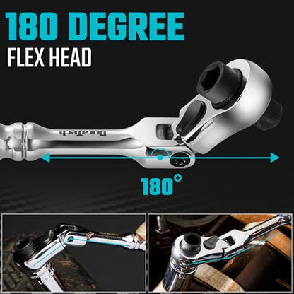 DURATECH 1/4" Drive Ratchet Handle, 2 in 1 Flex Head, Socket & Bit Driver | 72-Tooth, Reversible Switch, Full-Polished, Chrome Plating, Alloy Steel - size: 1pc
