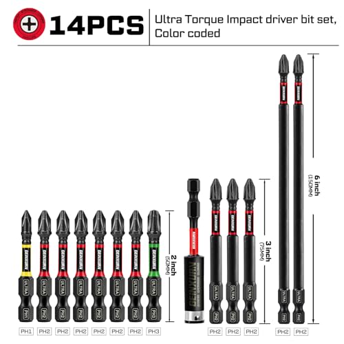 Geinxurn 13pcs Impact #1#2#3 Phillips Screwdriver Bits Set, 2” 3” 6” (PH1/PH2/PH3) Magnetic S2 Steel Cross Driver Bits Set and 1pc 3” Impact Bit Holder with Color Coded Base - size: 14pcs-Mix-PH