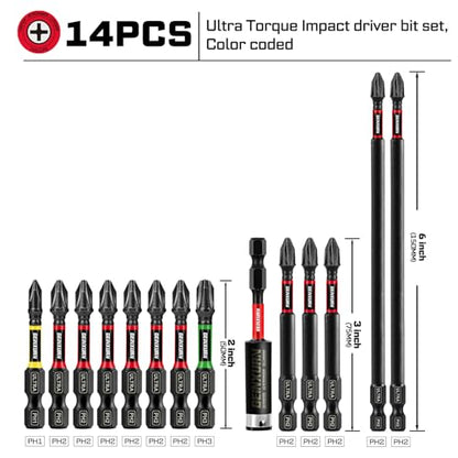 Geinxurn 13pcs Impact #1#2#3 Phillips Screwdriver Bits Set, 2” 3” 6” (PH1/PH2/PH3) Magnetic S2 Steel Cross Driver Bits Set and 1pc 3” Impact Bit Holder with Color Coded Base - size: 14pcs-Mix-PH