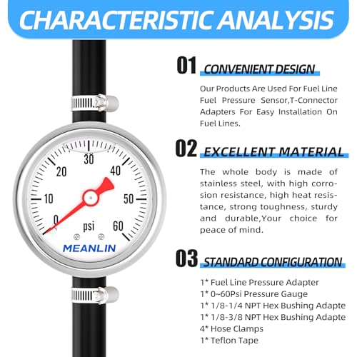 MEANLIN MEASURE 0-60Psi Stainless Steel Glycerin Filled Pressure Gauge 1/8" NPT 1.5" FACE DIAL, with 3/8" Barb Pressure Adapter Liquid Filled Pressure Gauge (9Pieces Kit, Back Mount) - size: 0-60Psi