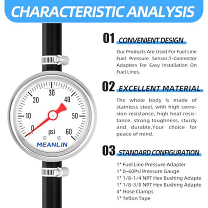 MEANLIN MEASURE 0-60Psi Stainless Steel Glycerin Filled Pressure Gauge 1/8" NPT 1.5" FACE DIAL, with 3/8" Barb Pressure Adapter Liquid Filled Pressure Gauge (9Pieces Kit, Back Mount) - size: 0-60Psi