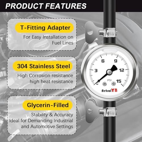 0-15Psi Fuel Pressure Test Kit,1-1/2" Dial Size,Glycerin Filled,with 1/8" NPT Pressure Gauge, Inline Fuel Pressure Regulator with Gauge for Car,with 3/8'' 5/16'' Barb Mounting Connection - size: 0-15PSI(White), style: T -Fitting Mount (11PCS Kit)