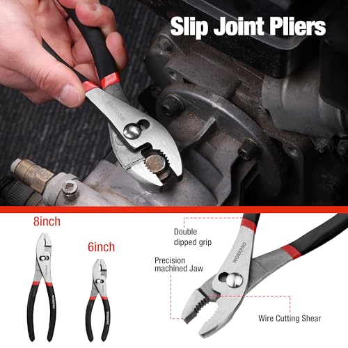 WORKPRO 7-piece Pliers Set, Black | Groove Joint Piler, Long Nose Piler, Slip Joint Piler, Linesman Piler, Diagonal Pliers for DIY & Home Use - color: Red, Black