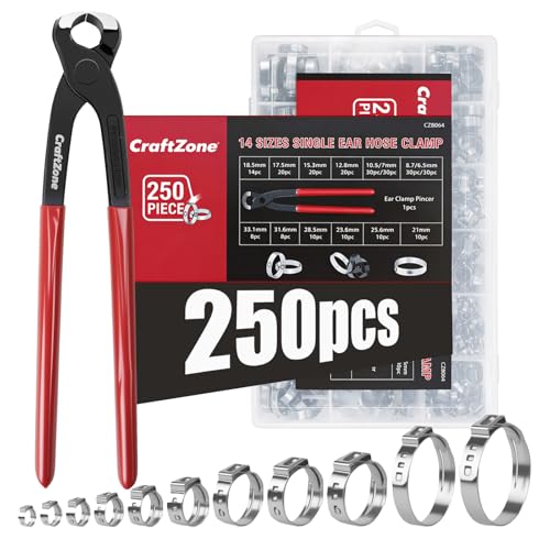 250PCS Single Ear Hose Clamp Kit with Storage Box & Ear Clamp Pliers, Stepless Adjustable Cinch Clamps with Pincer Tool for Automotive, Garden, Home Plumbing and Hydronic Heating