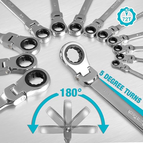 DURATECH Flex-Head Ratcheting Combination Wrench Set, SAE, 13-piece, 5/16'' to 1/4'', CR-V Steel, with Rolling Pouch | 5/16" to 1/4", CR-V Steel, Rolling Pouch - style: 13-Piece Set