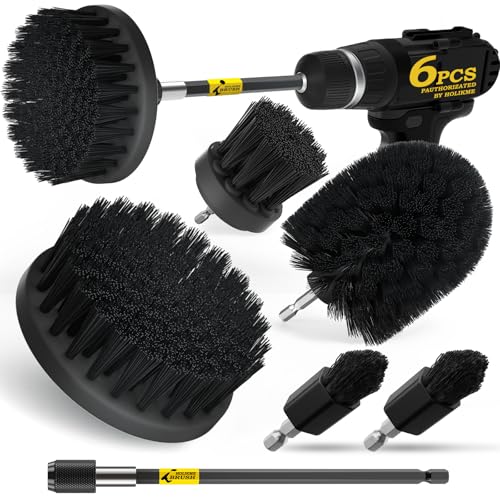 Holikme 6Pack Drill Brush Power Scrubber Cleaning Brush Extended Long Attachment Set All Purpose Drill Scrub Brushes Kit for Grout, Floor, Tub, Shower, Tile, Bathroom Black | 5 Head Sizes, Black Nylon Fibers, Power Scrubber Attachments for Tile, Tub, Show