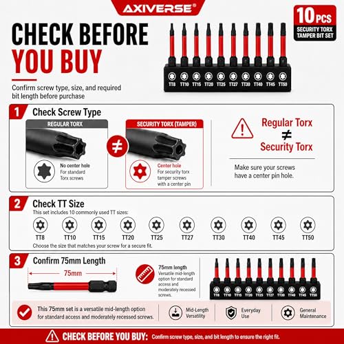 10PCS Security Torx Bit Set TT6-TT40, 3-Inch for Impact Drivers | TT6-TT40 Tamper-Resistant Star Bits, 3 in Long, Magnetic Tips, 1/4 in Hex Shank, Impact-Ready Alloy Steel, Clear Case - size: 3 in
