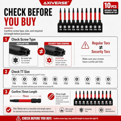 10PCS Security Torx Bit Set TT6-TT40, 3-Inch for Impact Drivers | TT6-TT40 Tamper-Resistant Star Bits, 3 in Long, Magnetic Tips, 1/4 in Hex Shank, Impact-Ready Alloy Steel, Clear Case - size: 3 in