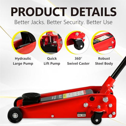 3T Low Profile Steel Floor Jack, 6000 lb, Single Pump, 5.1"-20" Lift, Red | Heavy-duty steel construction. Single piston quick lift pump. Low profile design. Safety overload protection. - size: 3T Single Pump 5.1"-20"(Red)