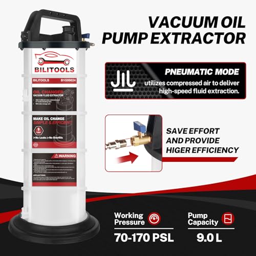 BILITOOLS 9L Pneumatic Oil Extractor Pump for Automotive Engine Oil Change | 2.4 Gallon Automotive Oil Vacuum Pump Fluid Extractor Air Compressored for Boat Marine Jetski ect. - size: Pneumatic