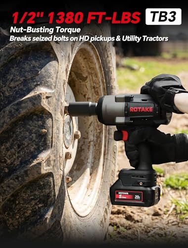 ROTAKE 20V Heavy-Duty 1/2" Cordless Impact Wrench Kit, 1380 FT-LBS, TB3 | 5.0Ah Battery, Professional Brushless Motor, 3-in-1 Unibody Hammer Housing, Soft Start, 4A Rapid Charger, Hard Carrying Case - size: 1/2" (1380 ft-lbs) TB3