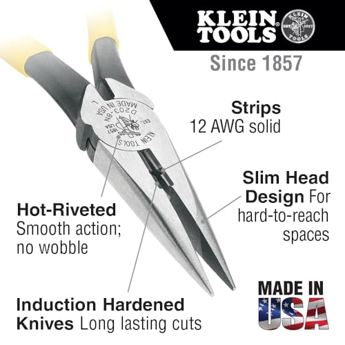 Klein Tools J203-8N Long Nose Side-Cutter Stripping Pliers, Induction Hardened and Heavier For Increased Cutting Power, 8-Inch - style: Side Cutters w/Stripping