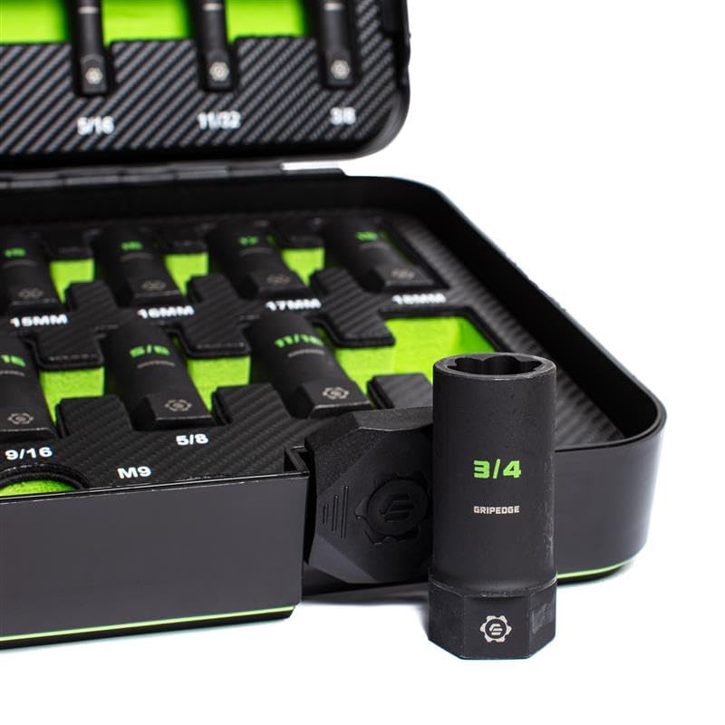 GripEdge | 32-PC 1/4" & 3/8" Drive Deep Metric & SAE Master Socket Extractor Set| Includes sizes - 4-19mm & 3/16-3/4" | Includes Premium Plastic Case With Foam Insert |
