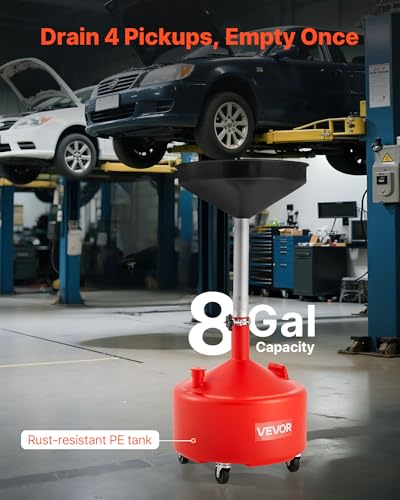 VEVOR 8 Gallon Waste Oil Drain Tank, Industrial Fluid Drain Tank with Adjustable Funnel Height, Portable Oil Drainer with Wheels, Fluid Fuel Transfer Drainage for Auto Repair Shops, Garages, Red - size: 8 Gallon