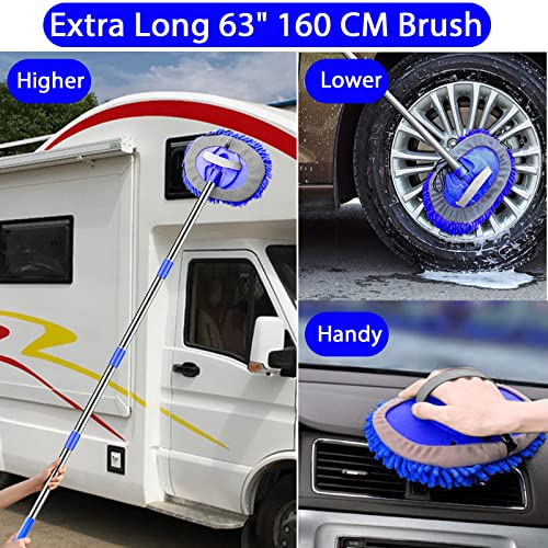 WillingHeart 63" Car Wash Mop Brush Tool Mitt with Long Handle Length More Suitable for Washing American Cars Truck, SUV, RV, Trailer, 2 in 1 Chenille Microfiber Duster Not Hurt Paint Scratch Free - color: Blue