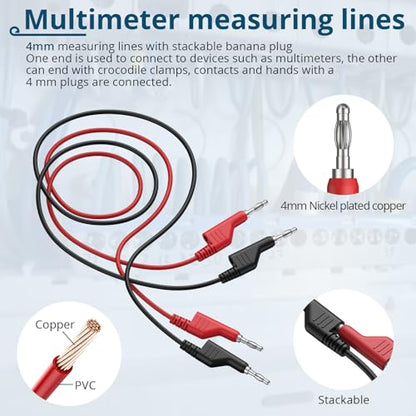 5PCS Banana Plug Test Leads,4mm Stackable,1M Silicone Cables,1000V 15A | 5 Colors, Pure Copper, Flexible Silicone, Stackable 4mm Plugs, for Multimeter, Lab, Power Supply & Circuit Testing