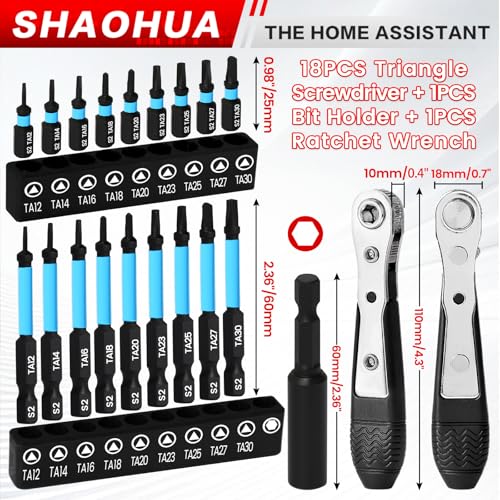 Triangle Screwdriver Bits, 19Pcs Triangle Head Screwdriver Bit Set, 25mm&60mm S2 Steel Magnetic Screwdriver Bits, 1/4" Hex-Shank Security Triangular Bits with Bit Extension Holder and Ratchet Wrench - style: C. Triangle Screwdriver Bits