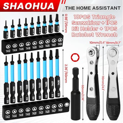 Triangle Screwdriver Bits, 19Pcs Triangle Head Screwdriver Bit Set, 25mm&60mm S2 Steel Magnetic Screwdriver Bits, 1/4" Hex-Shank Security Triangular Bits with Bit Extension Holder and Ratchet Wrench - style: C. Triangle Screwdriver Bits