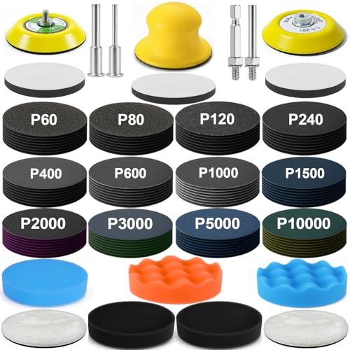 137Pcs 3 Inch Sanding Disc Polishing Kit, Headlight Restoration Kit, 60-10000 Grit Wet Dry Hook & Loop Sandpapers, Wool Sponge Polishing Pads for Drill Rotary Tools Car Wood Metal Resin Glass - size: 3 Inch