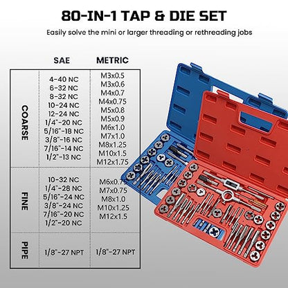 Anfrere 80pcs Tap and Die Set, SAE & Metric Tap Die Wrench Set, Metric Standard M3 to M12 Coarse Fine Rethreading Threads Bits for Cutting External and Internal Threads, NC, NF, NPT Repair Tools - size: 40pcs Metric & 40pcs Standard