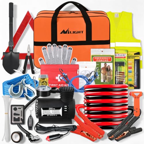 Nilight Car Emergency Kit with Jumper Cable, First Aid Kit Safety Assistance Tools for Travel Camping Outdoor Cars Truck SUV RV, Roadside Essentials with Flash Light - color: Essential Kit+Air Compressor+Tire Fuse kit