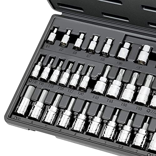 CARBYNE 36-Piece Hex (Allen) & Torx Bit Socket, SAE and Metric Hex, S2 Steel Bits, CrV Sockets, 1/4 in. 3/8 in. 1/2 in. Drive, Zinc Phosphate Bit Finish, Genuine Licensed Torx