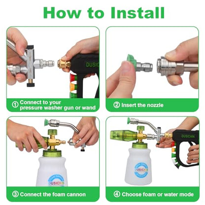 DUSICHIN Pressure Washer Gun Foam Cannon Dual Connector Shift Valve, Car Wash Foam Cannon Kit 1/4 Inch Quick Connector 5 Pressure Washer Nozzle Tips Build-in Design Work with A Pressure Washer DUS2703