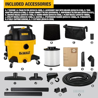 DEWALT Wet and Dry Vacuum 9 Gallon Poly Wet/Dry Vac Yellow Shop Vacuum 5 HP Strong Suction for Jobsite, Workshop 3 in 1 Multi Functions Model: DXV09P