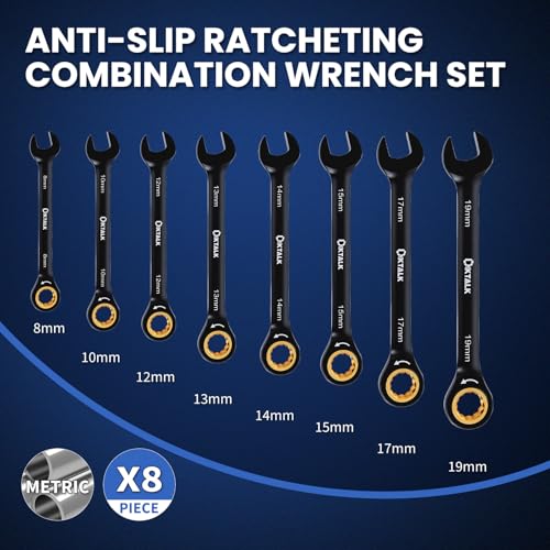 8PCS Metric Ratcheting Wrench Set, 72-Tooth Combination Wrench Set, 8-19mm | 5-Degree Swing Arc for Tight Spaces,CR-V Steel, Rust-Resistant Black Finish with Storage Organizer - size: Metric