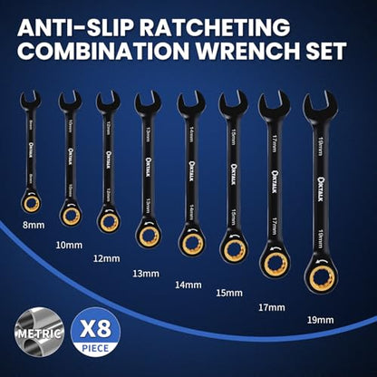 8PCS Metric Ratcheting Wrench Set, 72-Tooth Combination Wrench Set, 8-19mm | 5-Degree Swing Arc for Tight Spaces,CR-V Steel, Rust-Resistant Black Finish with Storage Organizer - size: Metric