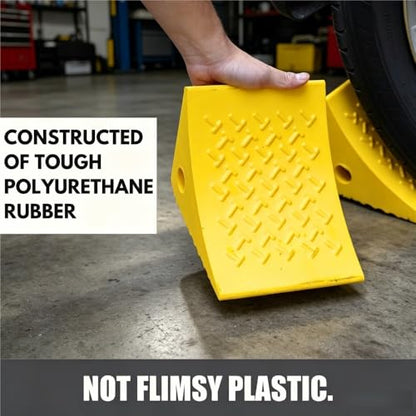 Heavy Duty Rubber Wheel Chocks (2 Pack) - Non-Slip Solid Tire Stoppers for Boat Trailer, RV, Truck, Camper - Yellow, Pre-Drilled Hole & Grab Handle(Yellow) - color: Yellow