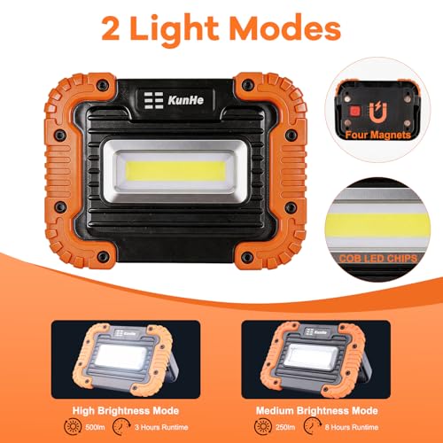 KunHe 4 Pack Rechargeable LED Work Light 500LM Portable Light with Magnetic Base 2 Light Modes 1800mAh Battery IPX4 Flood Light for Car Repair Job Site - style: 4 PACK Rechargeable Version