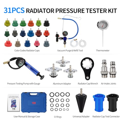VTG VOGTEN 31PCS Coolant Pressure Tester Kit,Radiator Pressure Tester and Vacuum Refill Kit for Automotive Cooling System Water Tank Leakage Detection - color: Blue