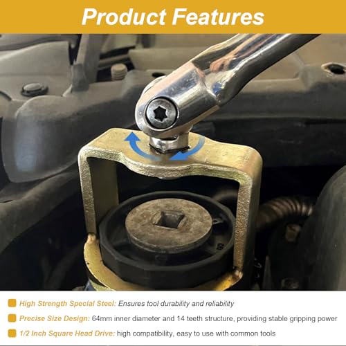 1726 Oil Filter Wrench Removal Tool Compatible with Toyota, 64mm x 14 Flute, 1/2" Square Drive Fit for Toyota, Nissan, Honda, Lexus, Scion 4, 6, 8 Cylinder Engines