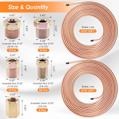 3/16 Inch Brake Line Repair Kit, 2 Set 25FT 3/16 Inch Brake Line with 102Pcs Fittings (Includes 8 Unions) and Double & Single Brake Line Flaring Tool Kit & Brake Line Bender(Gold) - size: 3/16 + 3/16 Inch Gold, style: Brake Line Kit & Tube Bender