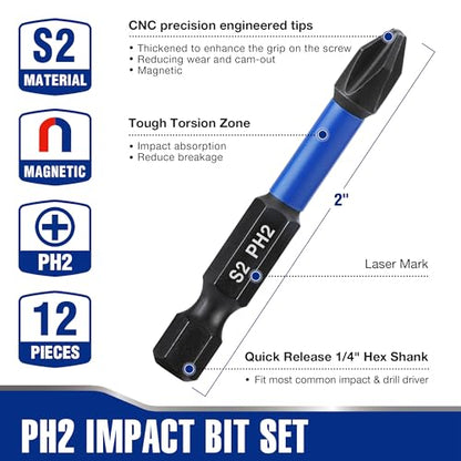 WORKPRO 12pcs PH2 Impact Phillips Screwdriver Bit Set, CNC Machined S2 Steel Tips with Magnetism, 1/4" Hex-Shank Driver Bits, 2" Long Impact Screwdriving Bits with Storage Box - size: 2 in